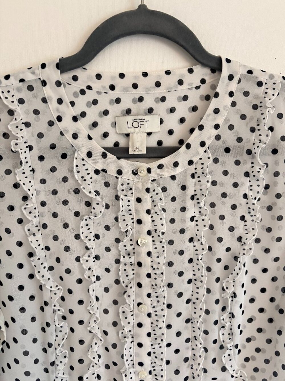 Loft White and Black Polka Dot Sheer Button-Front Ruffle Trim Blouse/Top Size 14 - Picture 4 of 7